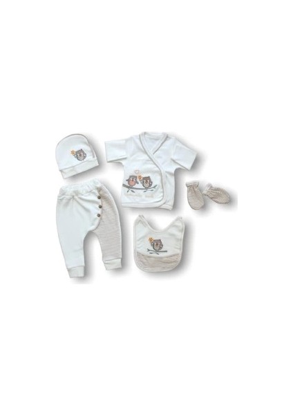 Romantik Çift Baykuş Nakışlı %100 Cotton Antibakteriyel 5li Zıbın Takımı Hastane Çıkışı