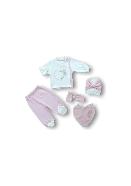 Baharın Çiçekli Kalbi Nakışlı %100 Cotton Antibakteriyel 5li Zıbın Takımı Hastane Çıkışı