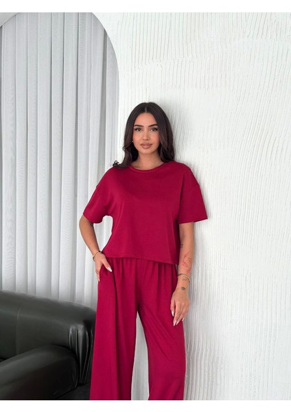 Osy Modal Yumuşak Dokulu Kumaş Bisiklet Yaka T-Shirt Bol Paça Pantalon Ikili Takım -Bordo