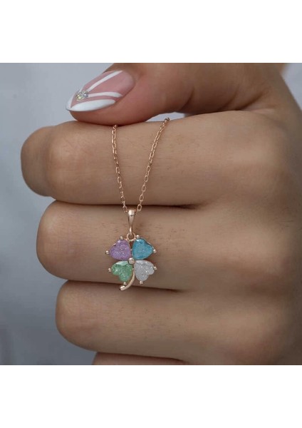 Gümüş Rose Renkli Taşlı Kalp Yonca Kadın Kolye