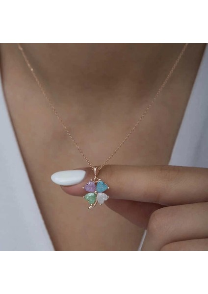 Gümüş Rose Renkli Taşlı Kalp Yonca Kadın Kolye