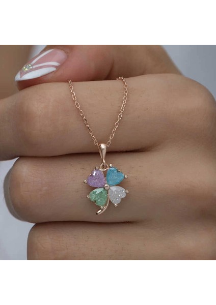Gümüş Rose Renkli Taşlı Kalp Yonca Kadın Kolye