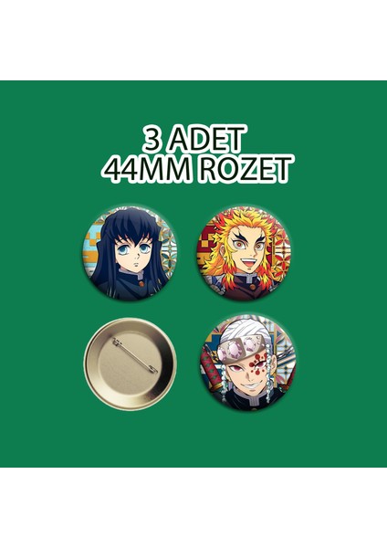 Demon Slayer Rengoku Muichiro Tengen 3 Adet Rozet Seti 44MM - Iğneli Buton Rozet