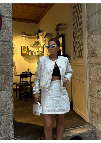 Chanel Crop Ceket-Kısa Etek Takım - Beyaz