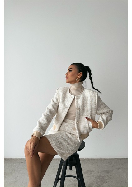 Chanel Crop Ceket-Kısa Etek Takım - Beyaz