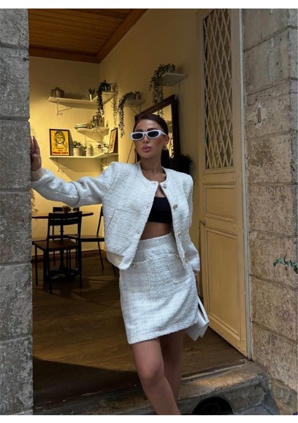 Chanel Crop Ceket-Kısa Etek Takım - Beyaz