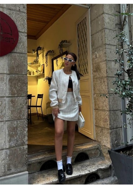 Chanel Crop Ceket-Kısa Etek Takım - Beyaz