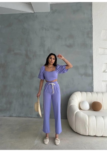Keten Crop Karpuz Kol Bluz-Pantolon Hasır Kemerli - Mor
