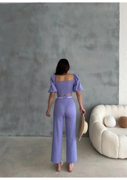Keten Crop Karpuz Kol Bluz-Pantolon Hasır Kemerli - Mor