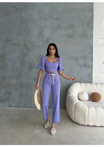 Keten Crop Karpuz Kol Bluz-Pantolon Hasır Kemerli - Mor