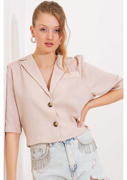 Krem Çift Düğmeli Oversize Crop Keten Ceket 0706