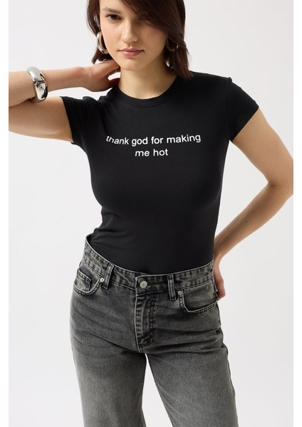Baskılı Likralı Crop T-Shirt