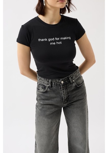 Baskılı Likralı Crop T-Shirt