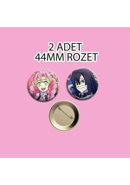 Demon Slayer Mitsuri Kanroji Obanai Iguro 2 Adet Rozet Seti 44MM - Iğneli Buton Rozet