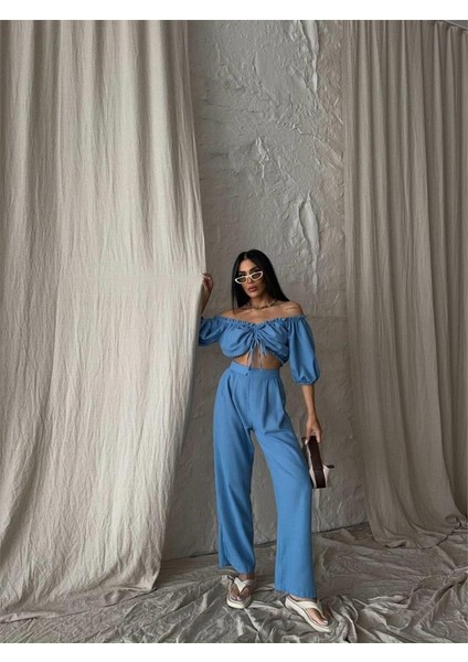 Keten Crop Bluz Büzgü Yaka + Pantolon Takım - Mavi