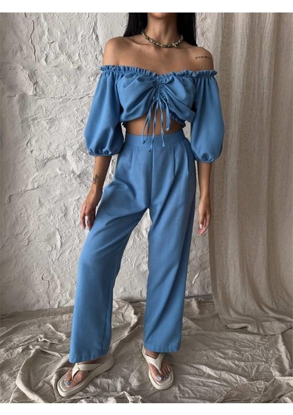 Keten Crop Bluz Büzgü Yaka + Pantolon Takım - Mavi