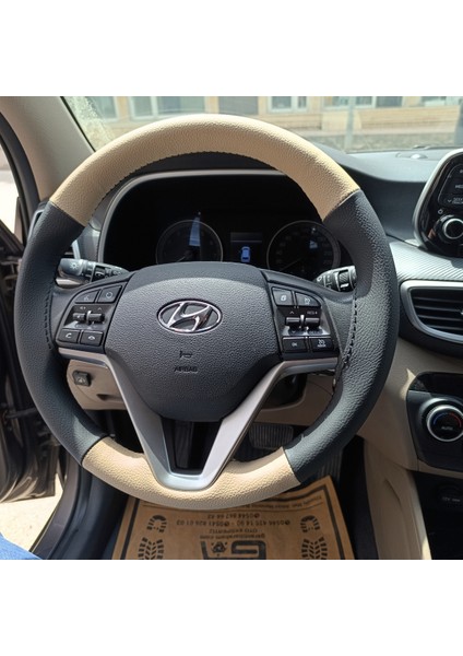 Dikişli Direksiyon Kılıfı Siyah Deri Bej Deri Siyah Dikişli Hyundai Tucson Için