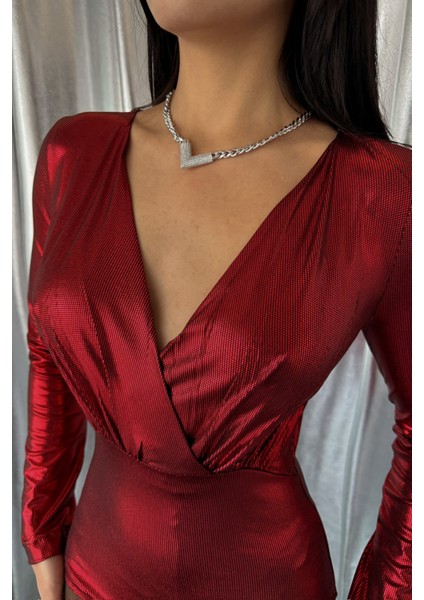 Parlak Kruvaze Bodysuit - Bordo