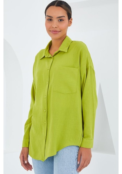 20153 Tek Cepli Oversize Keten Gömlek - Yağ Yeşil