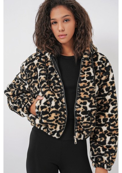 5193 Kapüşonlu Peluş Crop Ceket - D.kahve