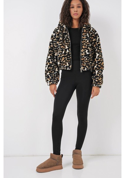 5193 Kapüşonlu Peluş Crop Ceket - D.kahve