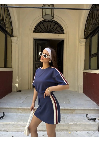 Osy Modal Yumuşak Dokulu Kumaş Parçalı Bisiklet Yaka T-Shirt Mini Şortlu Etek Ikili Takım -Lacivert
