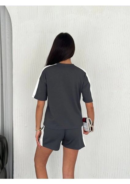 Osy Modal Yumuşak Dokulu Kumaş Parçalı Bisiklet Yaka T-Shirt Kısa Şort Ikili Takım - Antrasit