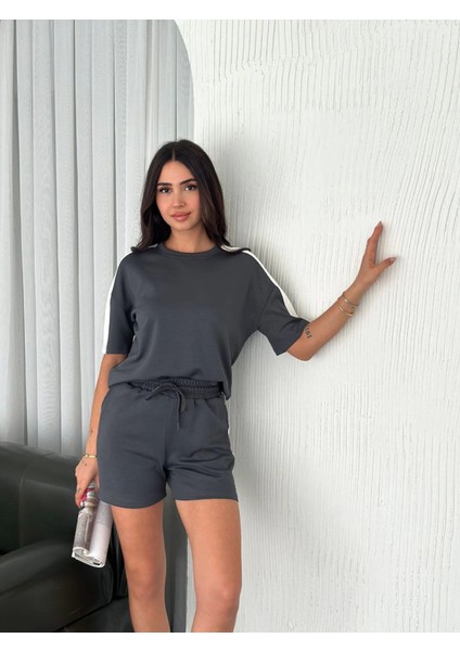 Osy Modal Yumuşak Dokulu Kumaş Parçalı Bisiklet Yaka T-Shirt Kısa Şort Ikili Takım - Antrasit