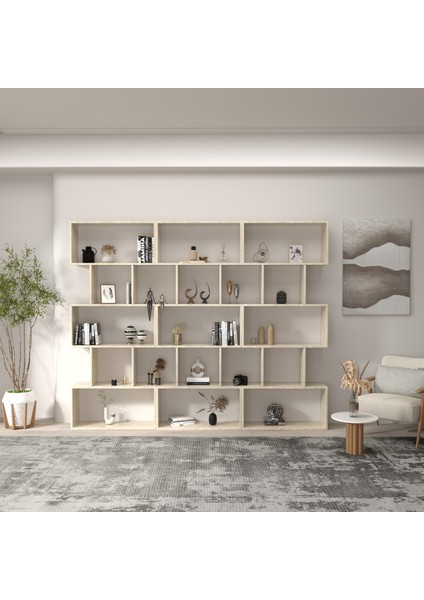 Modern Büyük Boy Kitaplık 15 Gözlü Dekoratif Raf Ünitesi