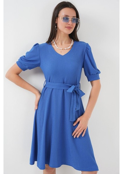 2370 Kuşaklı Örme Elbise - Saks
