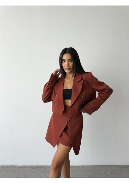 Düğme Detaylı Etek - Crop Ceket Takım - Kiremit