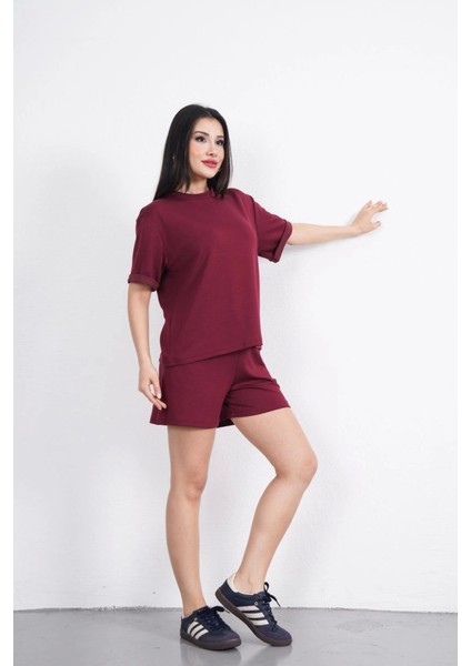 Osy Modal Yumuşak Dokulu Kumaş Bisiklet Yaka T-Shirt Kısa Şort Ikili Takım - Bordo