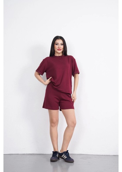 Osy Modal Yumuşak Dokulu Kumaş Bisiklet Yaka T-Shirt Kısa Şort Ikili Takım - Bordo