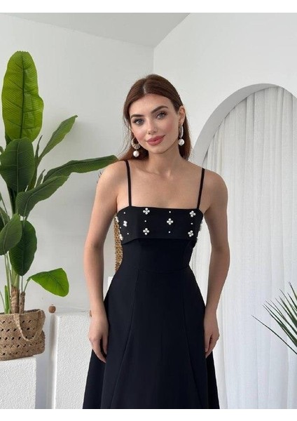 Askılı Inci Detay Kloş Uzun Kadın Elbise