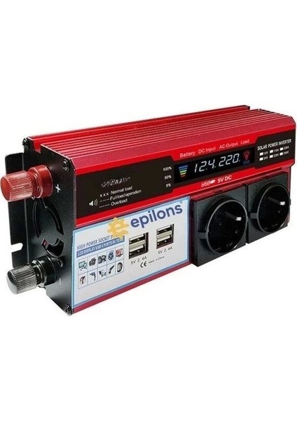 12V 2000W Modifiye Inverter Araç ve Güneş Enerjisi Uyumlu, Çift Usb, Çift Priz ve Çakmaklık Epilons