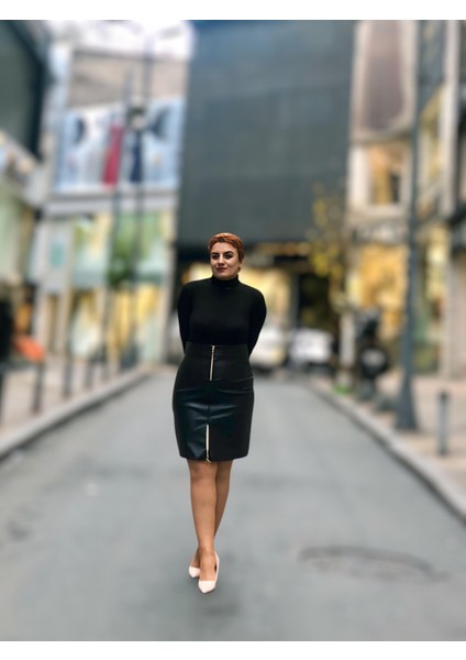 Fermuarlı Deri Mini Etek