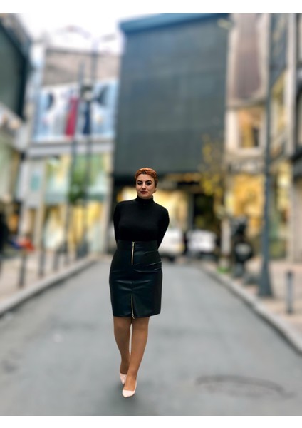 Fermuarlı Deri Mini Etek
