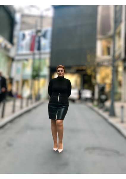 Fermuarlı Deri Mini Etek