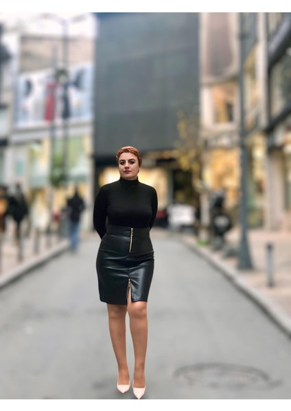 Fermuarlı Deri Mini Etek