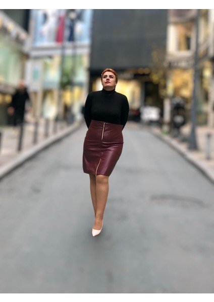 Fermuarlı Deri Mini Etek