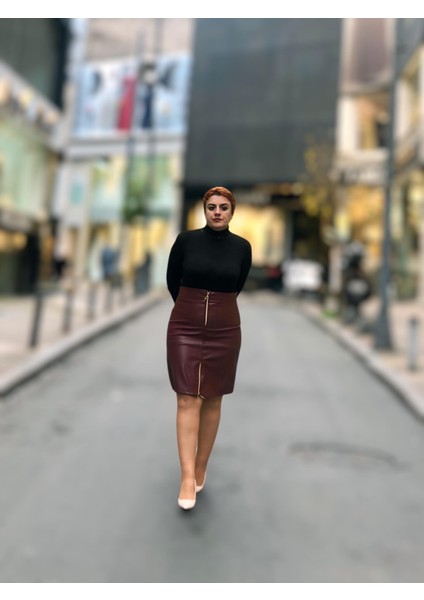 Fermuarlı Deri Mini Etek