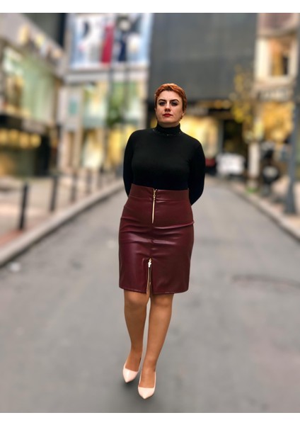 Fermuarlı Deri Mini Etek