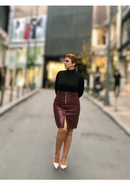 Fermuarlı Deri Mini Etek