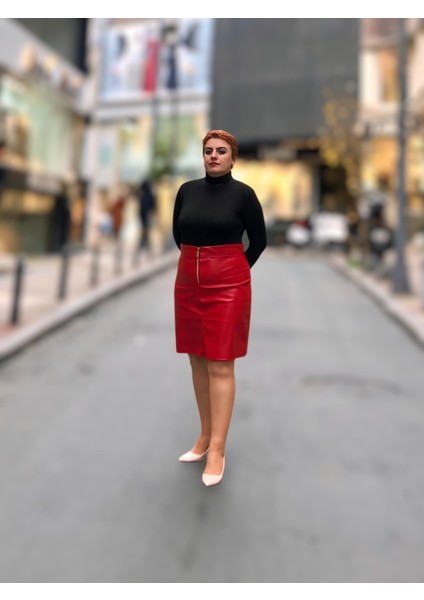 Fermuarlı Deri Mini Etek
