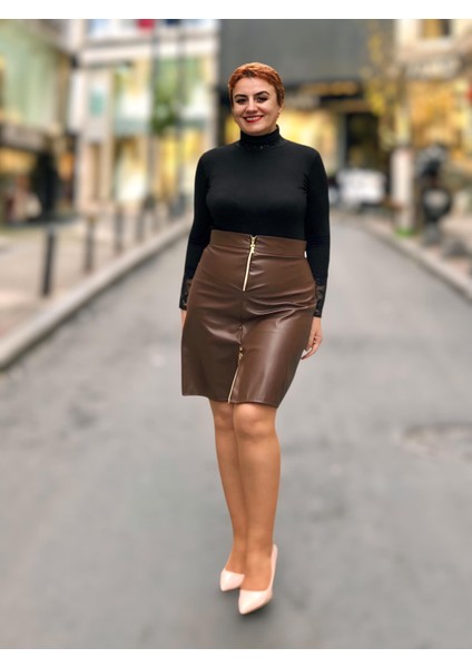 Fermuarlı Deri Mini Etek