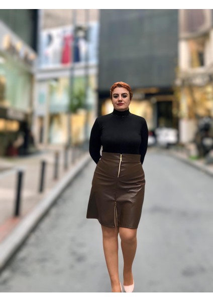 Fermuarlı Deri Mini Etek
