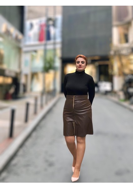 Fermuarlı Deri Mini Etek