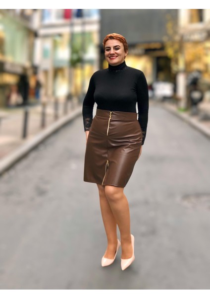 Fermuarlı Deri Mini Etek