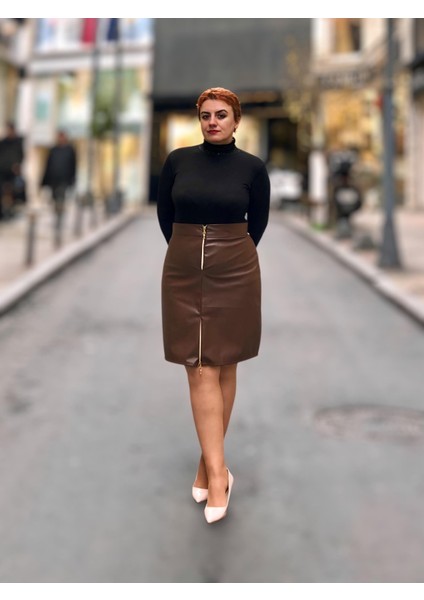 Fermuarlı Deri Mini Etek