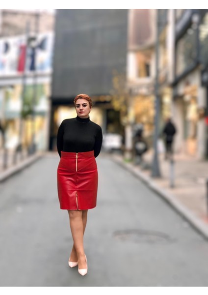 Fermuarlı Deri Mini Etek